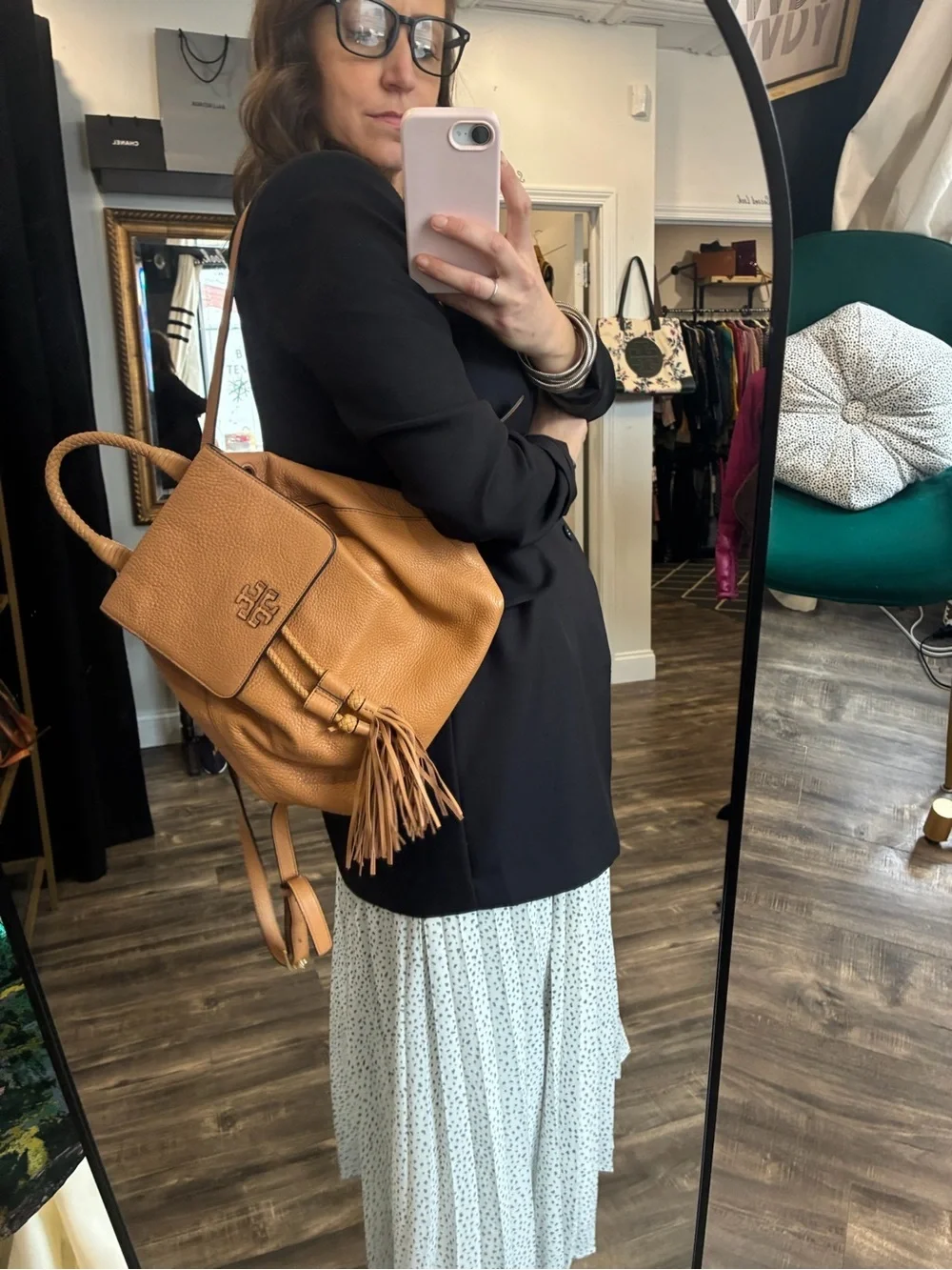 Tory Burch Tan Pebbled Leather Tassel Backpack